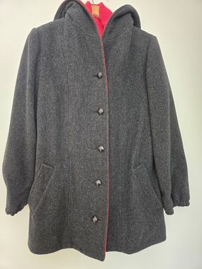 Women's Hooded Wool-Blend Coat in Charcoal with Red Trim